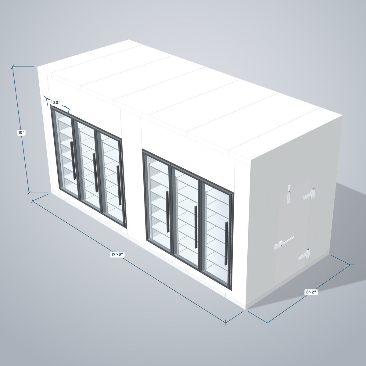 Astra HCMB8X20-10F10C-S30C3F3 8' x 20' Walk-In Freezer/Cooler Combo with Floor, 3 Freezer + 3 Cooler Glass Doors, 3D view with outside dimensions