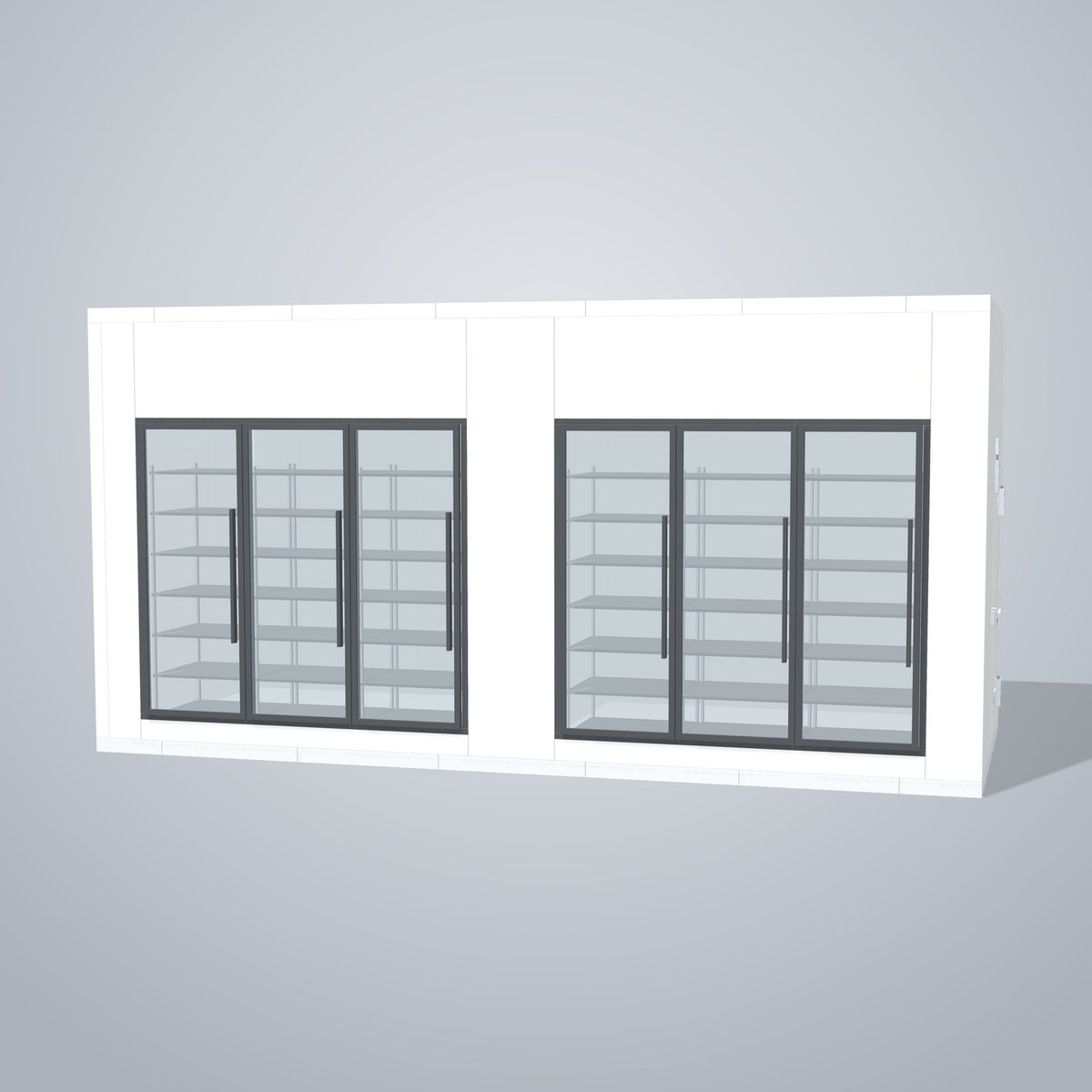 Astra HCMB8X20-10F10C-S30C3F3 8' x 20' Walk-In Freezer/Cooler Combo with Floor, 3 Freezer + 3 Cooler Glass Doors, front 3D view of the glass door wall