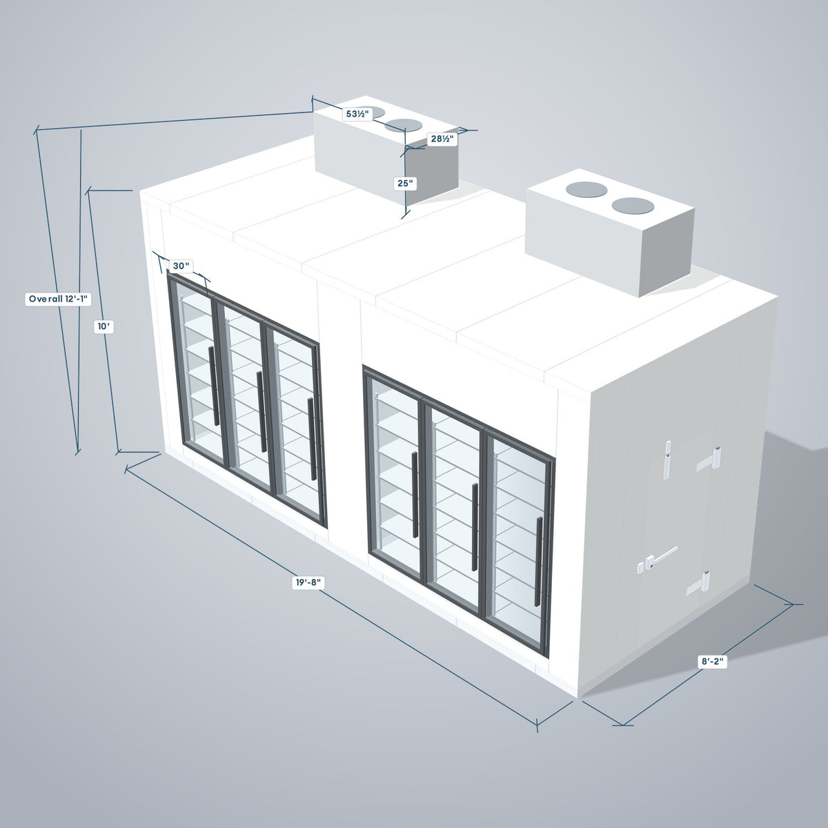 Astra HCMB8X20-10F10C-S30C3F3-TM 8' x 20' Walk-In Freezer/Cooler Combo with Floor, 3 Freezer + 3 Cooler Glass Doors, 3D view with outside dimensions