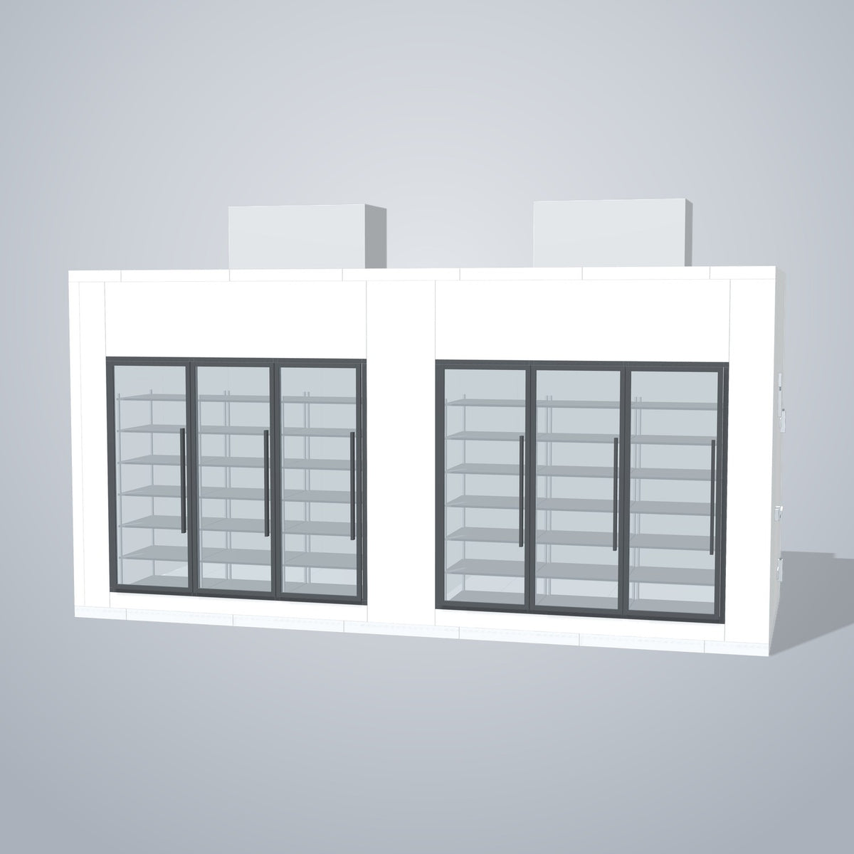 Astra HCMB8X20-10F10C-S30C3F3-TM 8' x 20' Walk-In Freezer/Cooler Combo with Floor, 3 Freezer + 3 Cooler Glass Doors, front 3D view of the glass door wall