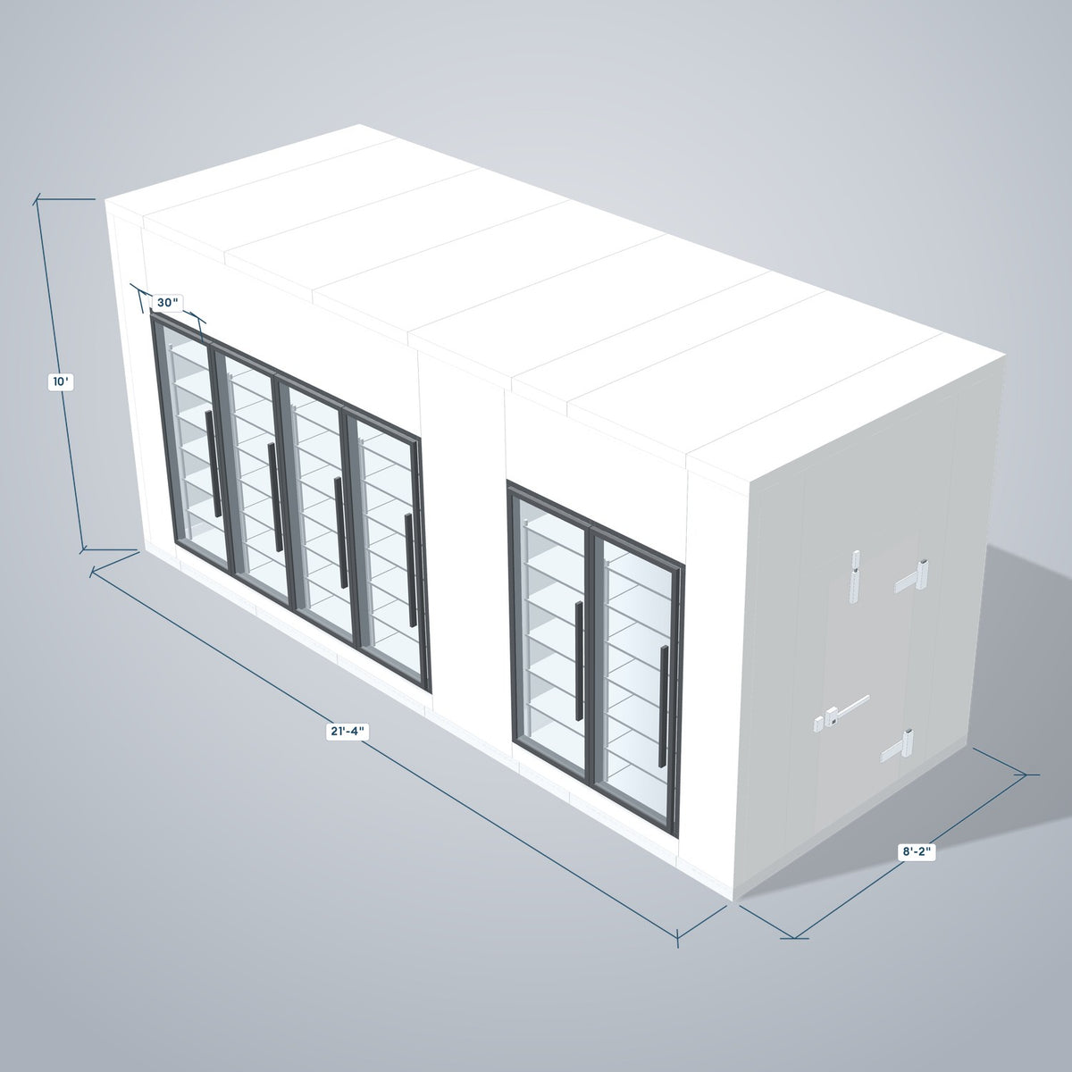 Astra HCMB8X21-13F8C-S30C2F4 8' x 21' Walk-In Freezer/Cooler Combo with Floor, 4 Freezer + 2 Cooler Glass Doors, 3D view with outside dimensions