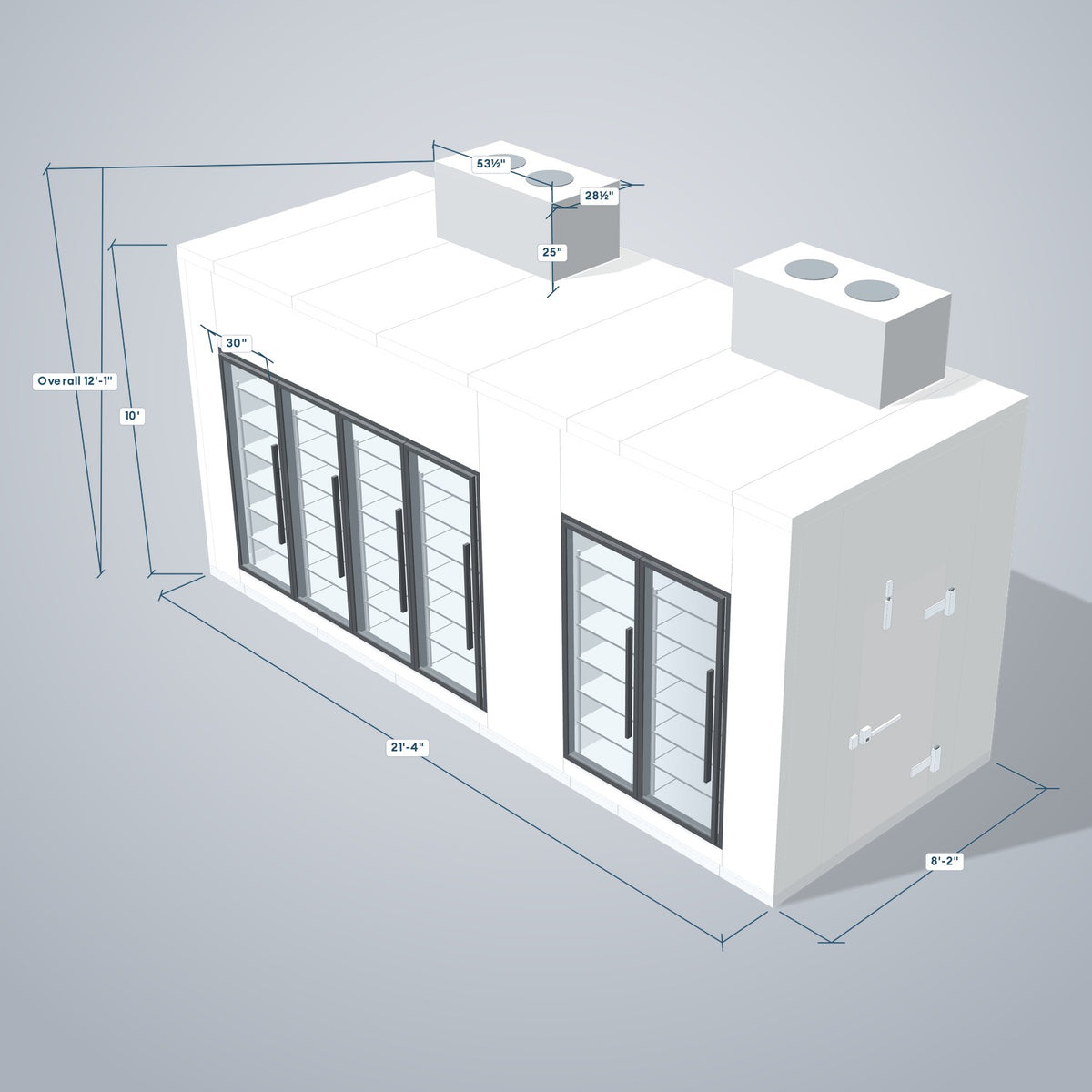 Astra HCMB8X21-13F8C-S30C2F4-TM 8' x 21' Walk-In Freezer/Cooler Combo with Floor, 4 Freezer + 2 Cooler Glass Doors, 3D view with outside dimensions