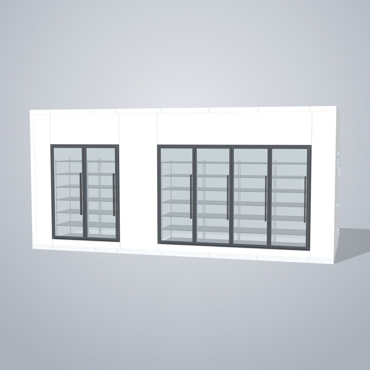 Astra HCMB8X21-8F13C-S30C4F2-RM 8' x 21' Walk-In Freezer/Cooler Combo with Floor, 2 Freezer + 4 Cooler Glass Doors, front 3D view of the glass door wall
