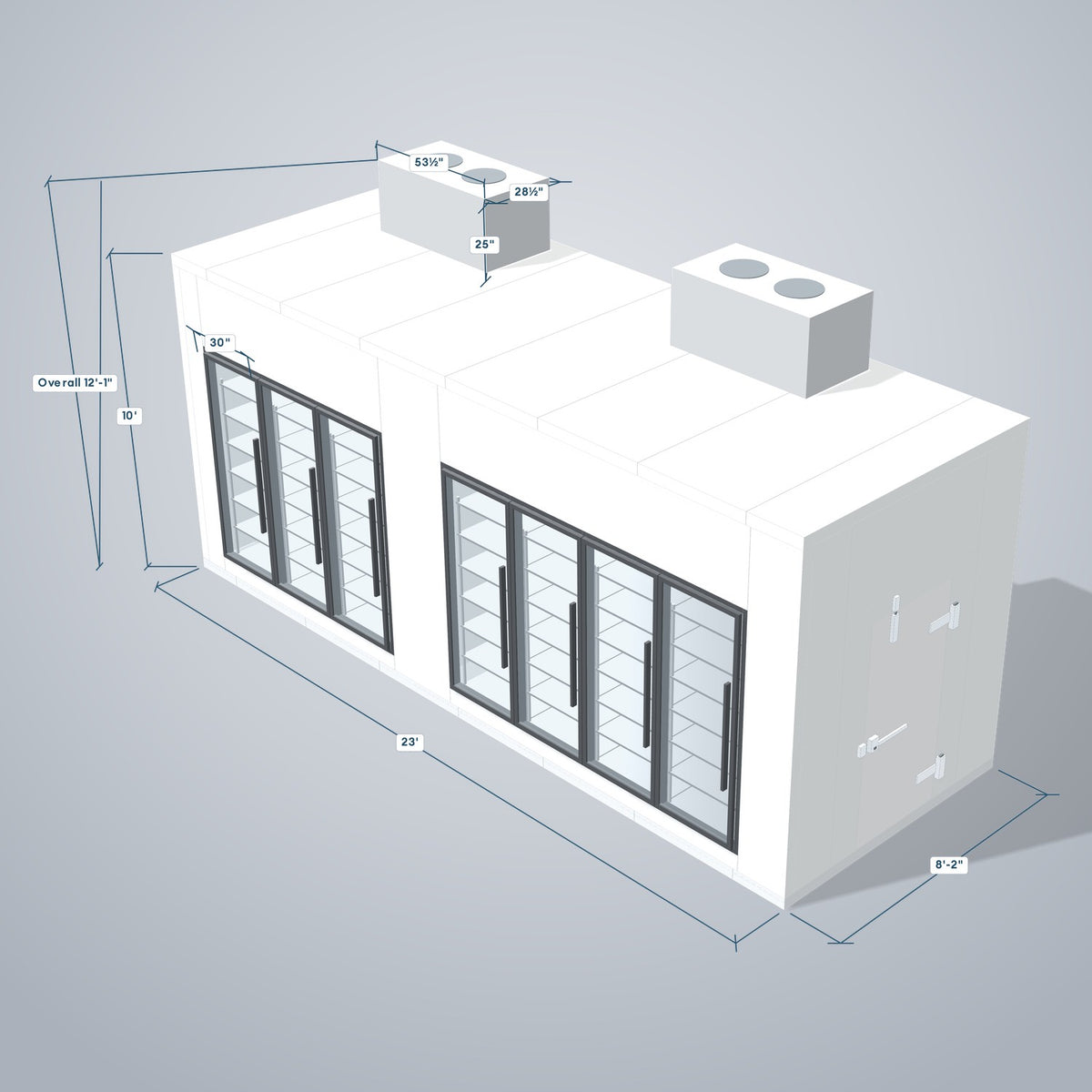 Astra HCMB8X23-10F13C-S30C4F3-TM 8' x 23' Walk-In Freezer/Cooler Combo with Floor, 3 Freezer + 4 Cooler Glass Doors, 3D view with outside dimensions