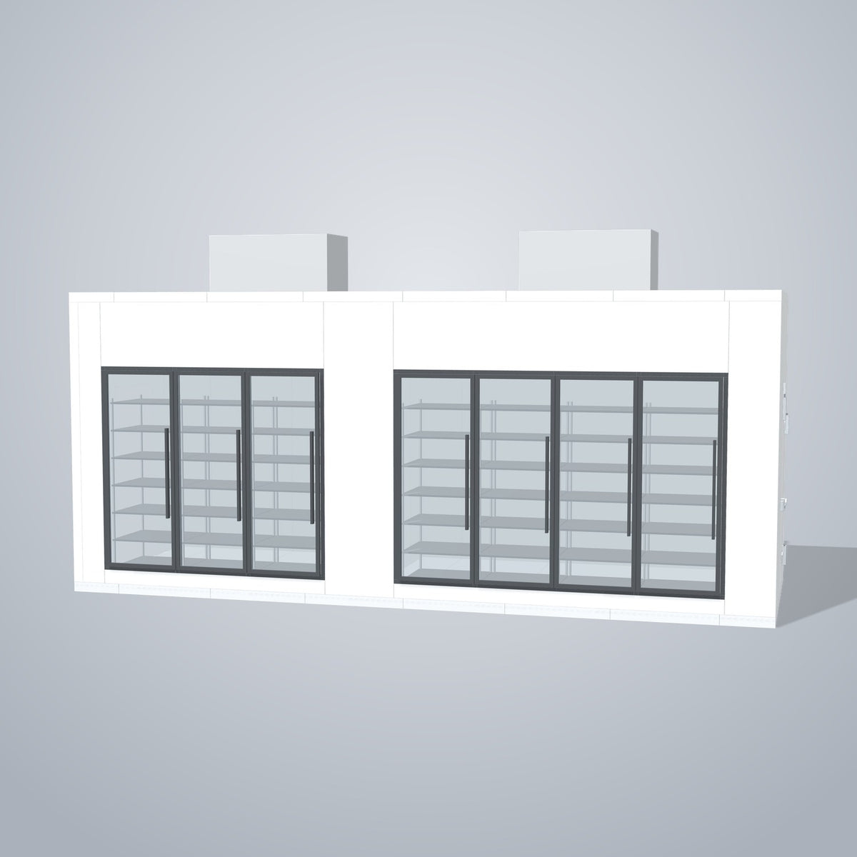 Astra HCMB8X23-10F13C-S30C4F3-TM 8' x 23' Walk-In Freezer/Cooler Combo with Floor, 3 Freezer + 4 Cooler Glass Doors, front 3D view of the glass door wall