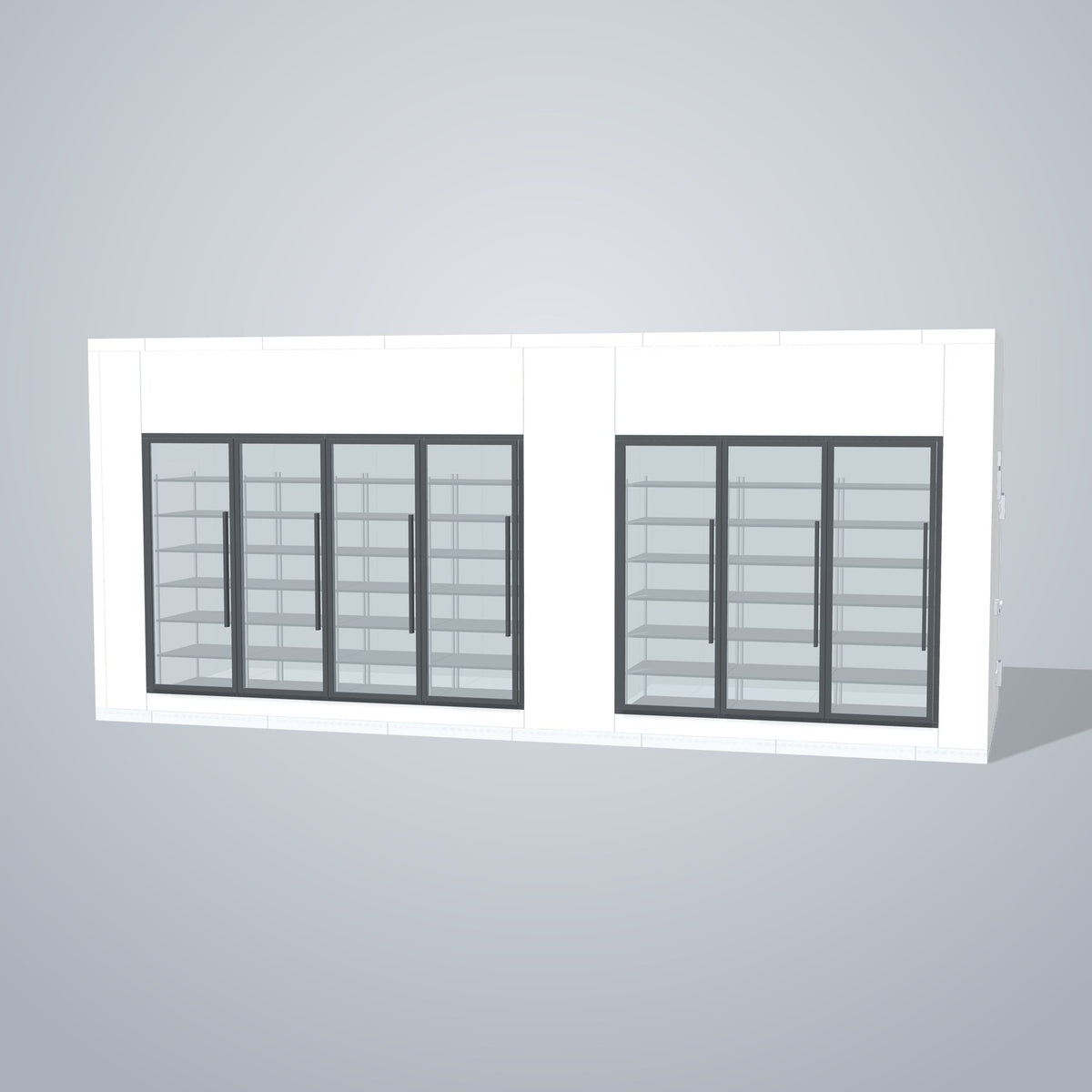 Astra HCMB8X23-13F10C-S30C3F4 8' x 23' Walk-In Freezer/Cooler Combo with Floor, 4 Freezer + 3 Cooler Glass Doors, front 3D view of the glass door wall