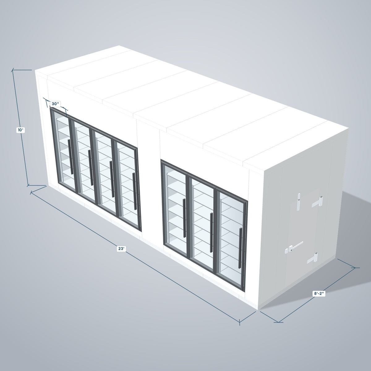 Astra HCMB8X23-13F10C-S30C3F4-RM 8' x 23' Walk-In Freezer/Cooler Combo with Floor, 4 Freezer + 3 Cooler Glass Doors, 3D view with outside dimensions