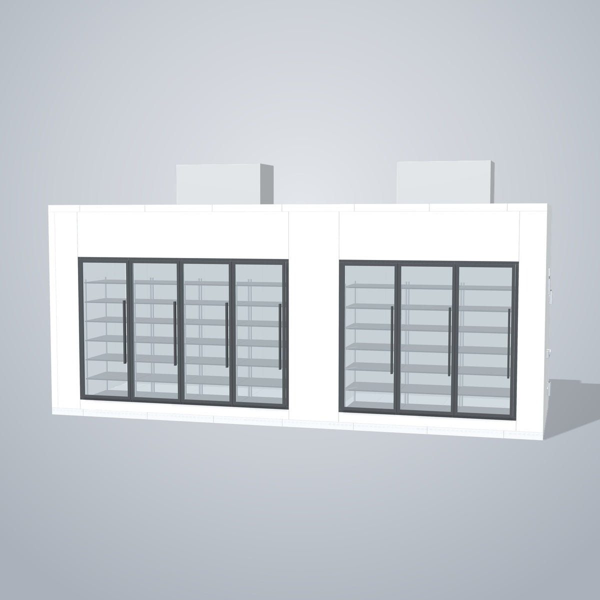 Astra HCMB8X23-13F10C-S30C3F4-TM 8' x 23' Walk-In Freezer/Cooler Combo with Floor, 4 Freezer + 3 Cooler Glass Doors, front 3D view of the glass door wall