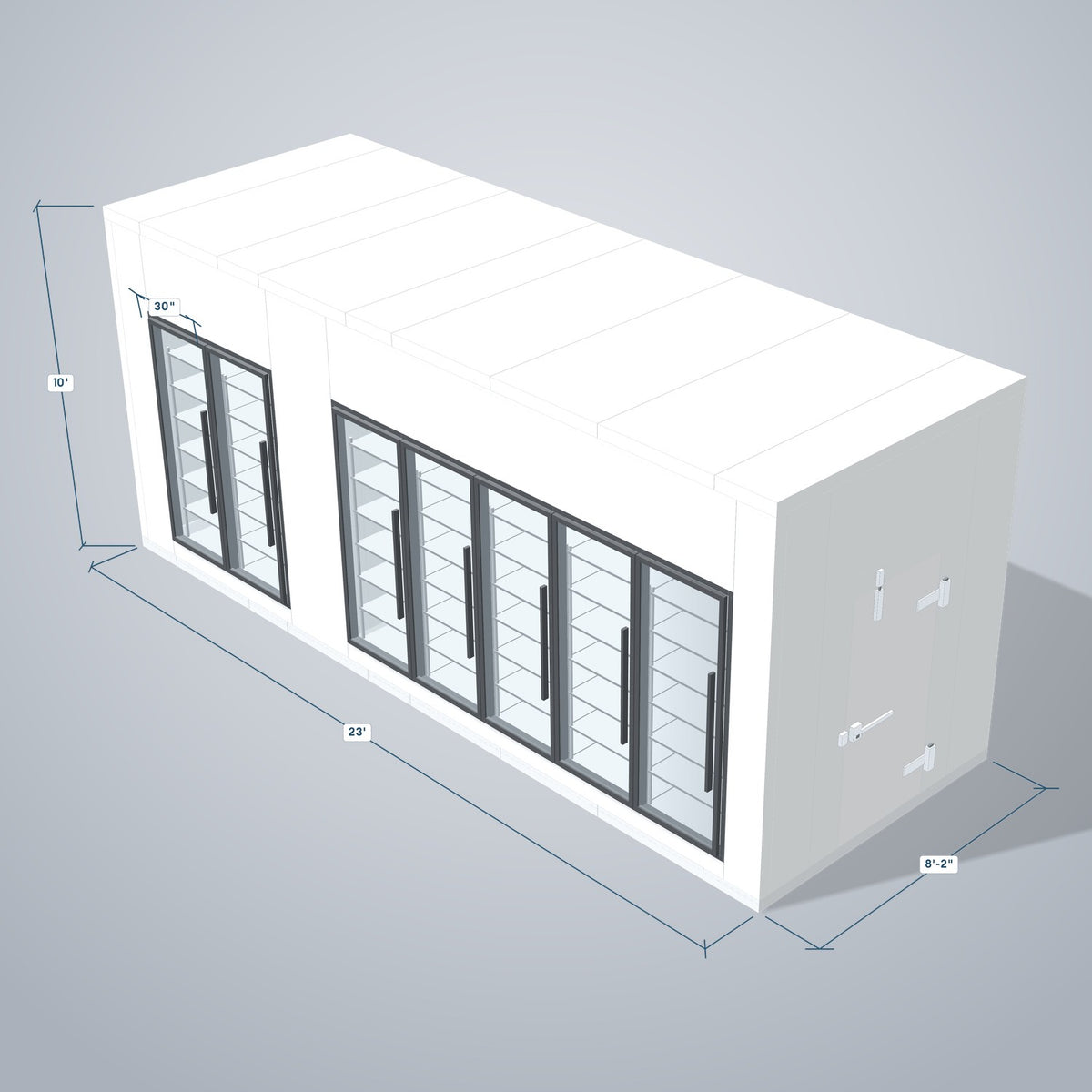 Astra HCMB8X23-8F15C-S30C5F2 8' x 23' Walk-In Freezer/Cooler Combo with Floor, 2 Freezer + 5 Cooler Glass Doors, 3D view with outside dimensions
