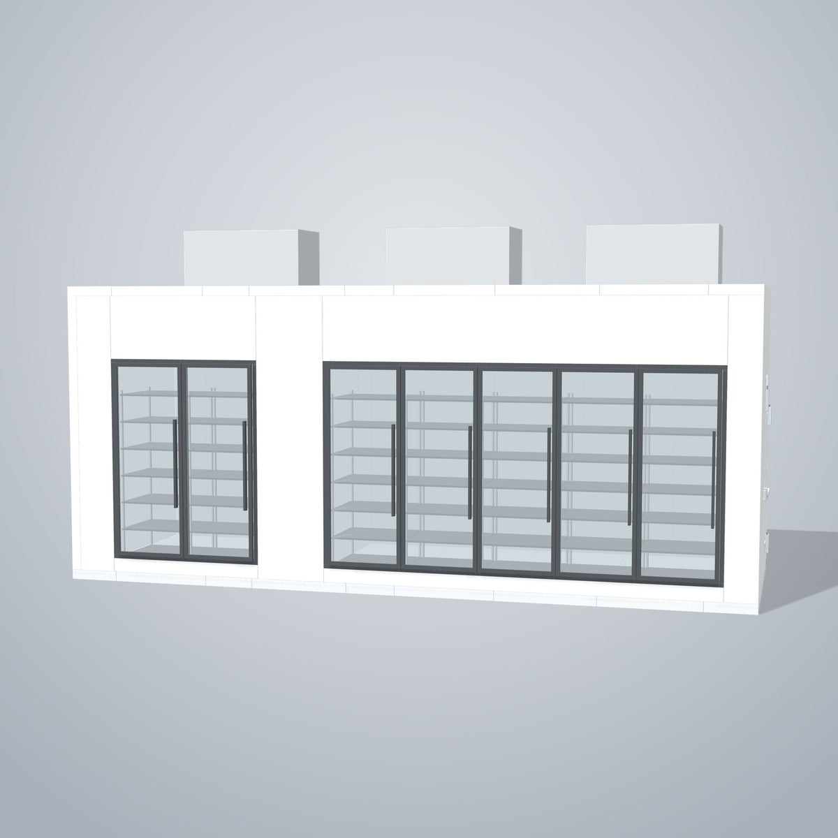 Astra HCMB8X23-8F15C-S30C5F2-TM 8' x 23' Walk-In Freezer/Cooler Combo with Floor, 2 Freezer + 5 Cooler Glass Doors, front 3D view of the glass door wall