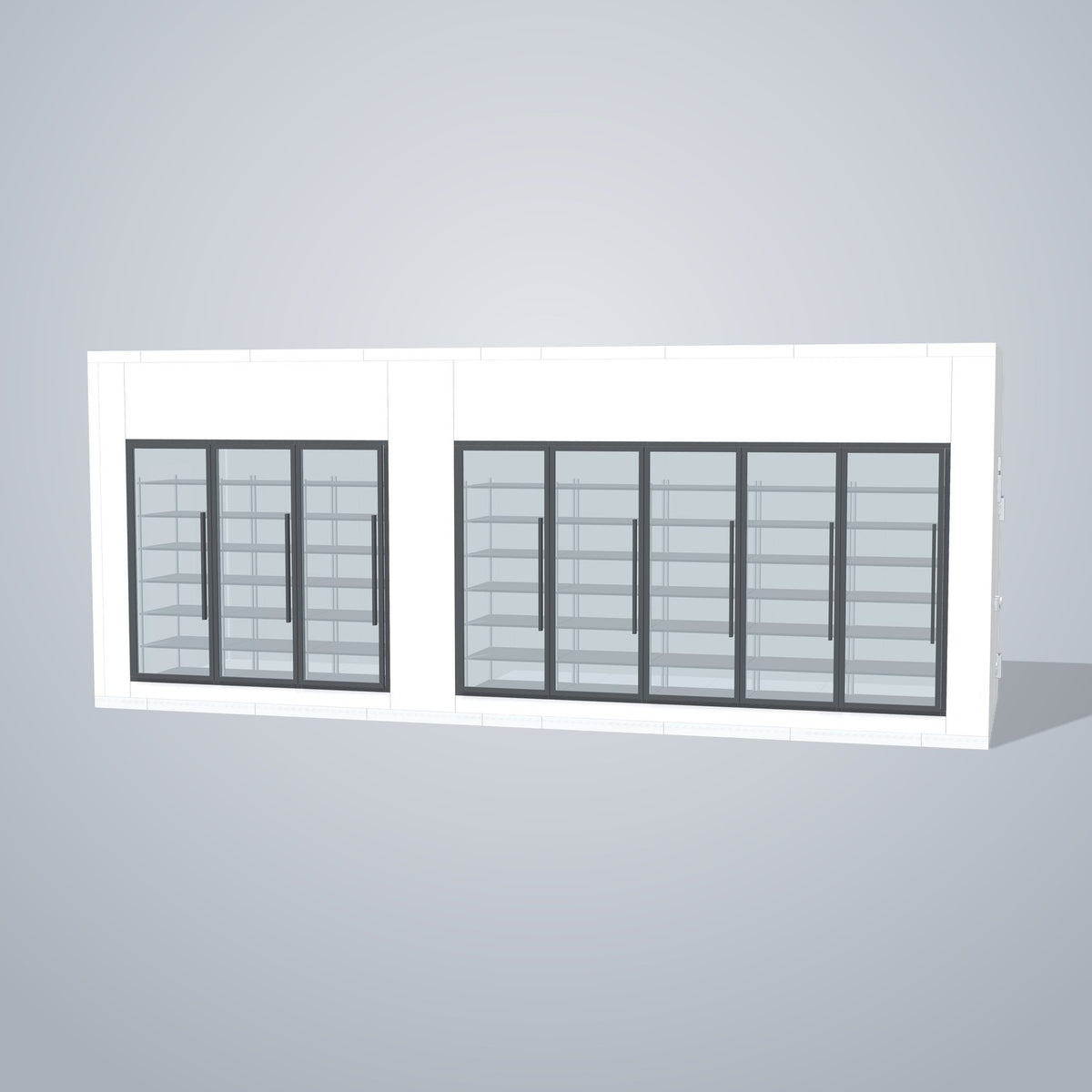 Astra HCMB8X25-10F15C-S30C5F3-RM 8' x 25' Walk-In Freezer/Cooler Combo with Floor, 3 Freezer + 5 Cooler Glass Doors, front 3D view of the glass door wall