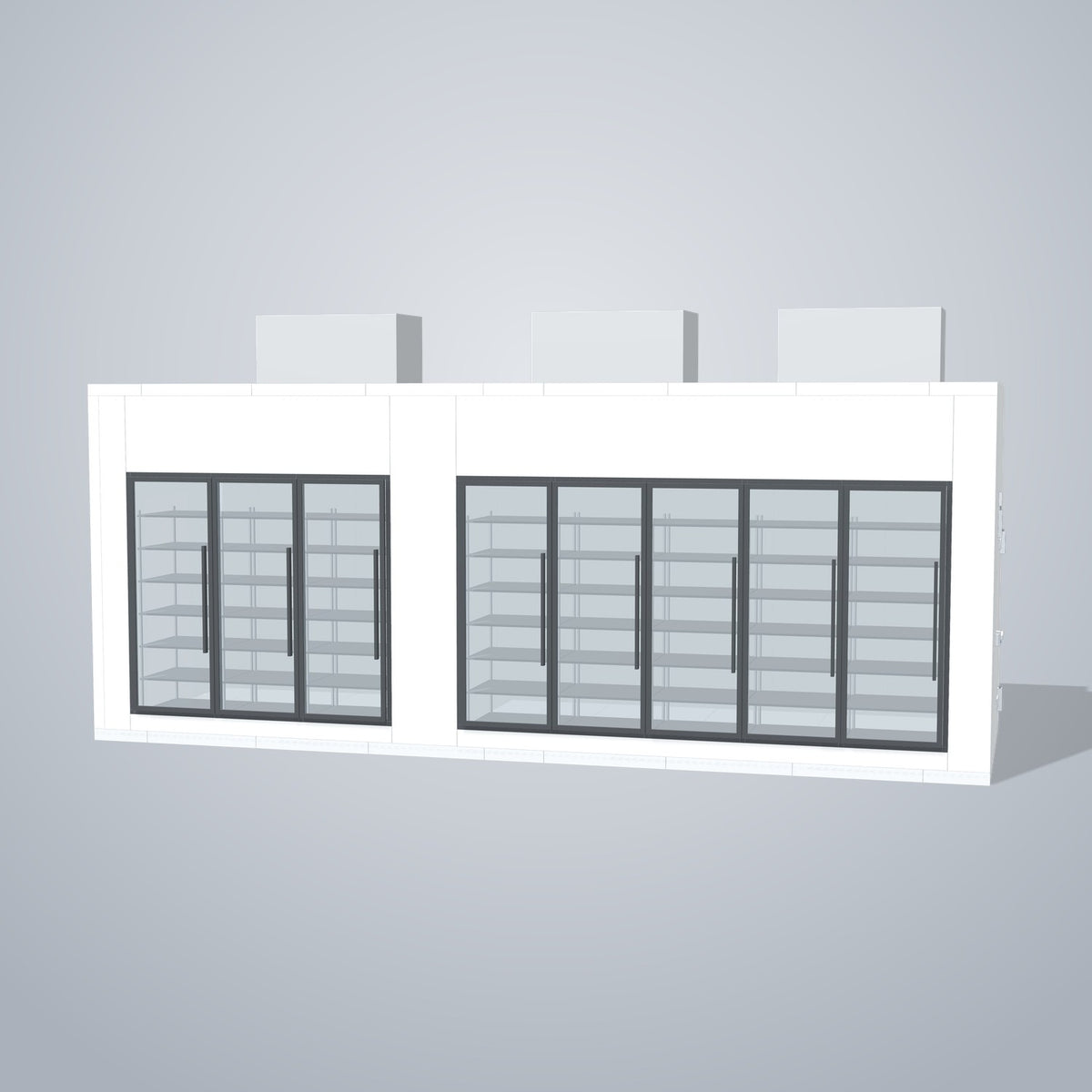 Astra HCMB8X25-10F15C-S30C5F3-TM 8' x 25' Walk-In Freezer/Cooler Combo with Floor, 3 Freezer + 5 Cooler Glass Doors, front 3D view of the glass door wall