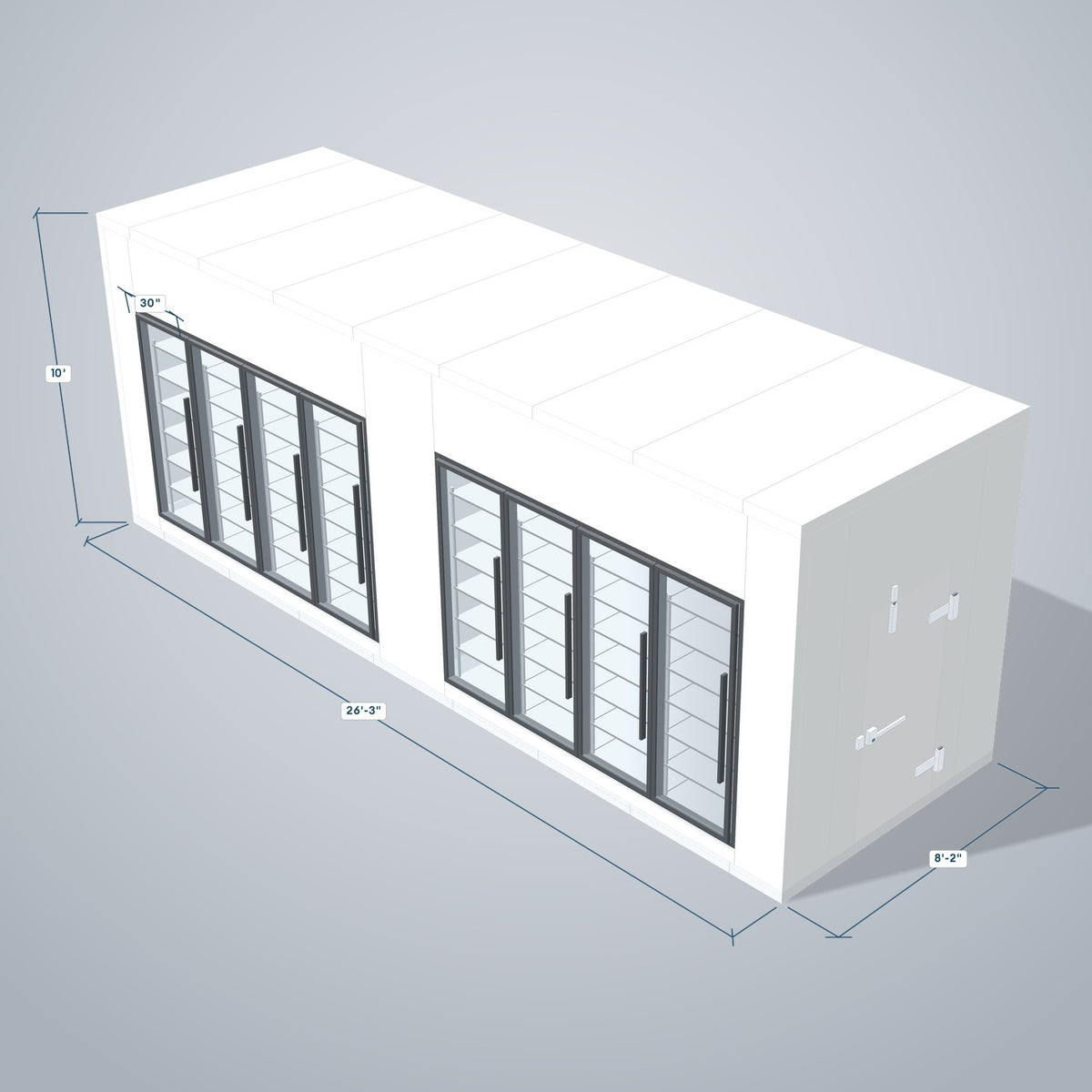Astra HCMB8X26-13F13C-S30C4F4 8' x 26' Walk-In Freezer/Cooler Combo with Floor, 4 Freezer + 4 Cooler Glass Doors, 3D view with outside dimensions