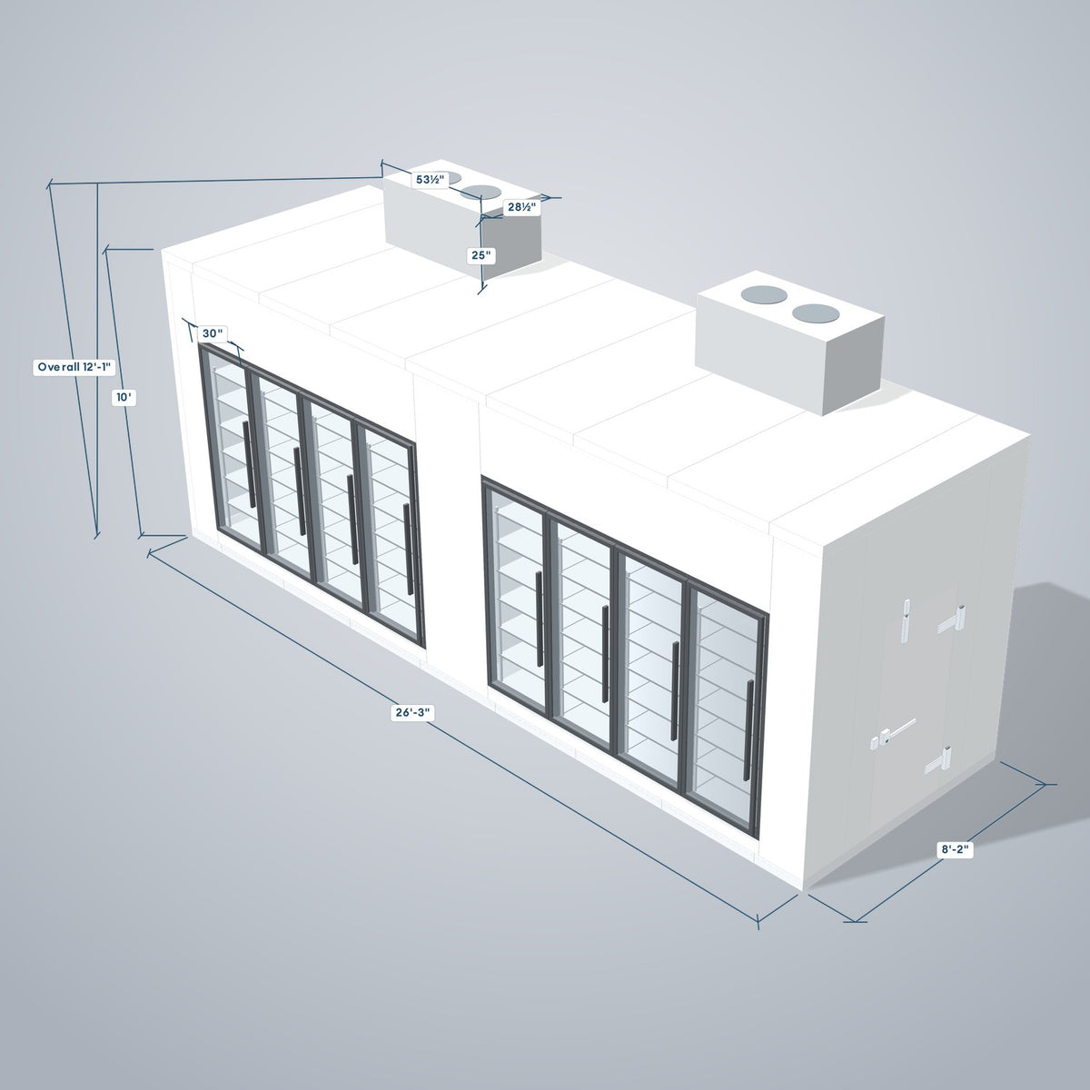 Astra HCMB8X26-13F13C-S30C4F4-TM 8' x 26' Walk-In Freezer/Cooler Combo with Floor, 4 Freezer + 4 Cooler Glass Doors, 3D view with outside dimensions