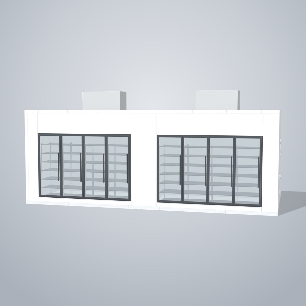 Astra HCMB8X26-13F13C-S30C4F4-TM 8' x 26' Walk-In Freezer/Cooler Combo with Floor, 4 Freezer + 4 Cooler Glass Doors, front 3D view of the glass door wall