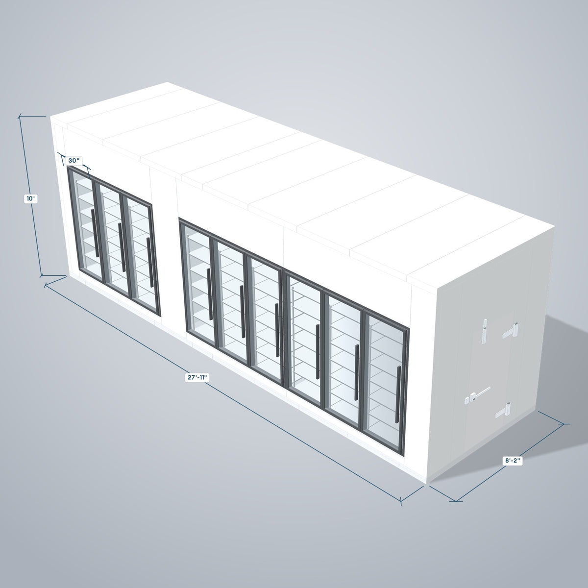 Astra HCMB8X28-10F18C-S30C6F3-RM 8' x 28' Walk-In Freezer/Cooler Combo with Floor, 3 Freezer + 6 Cooler Glass Doors, 3D view with outside dimensions