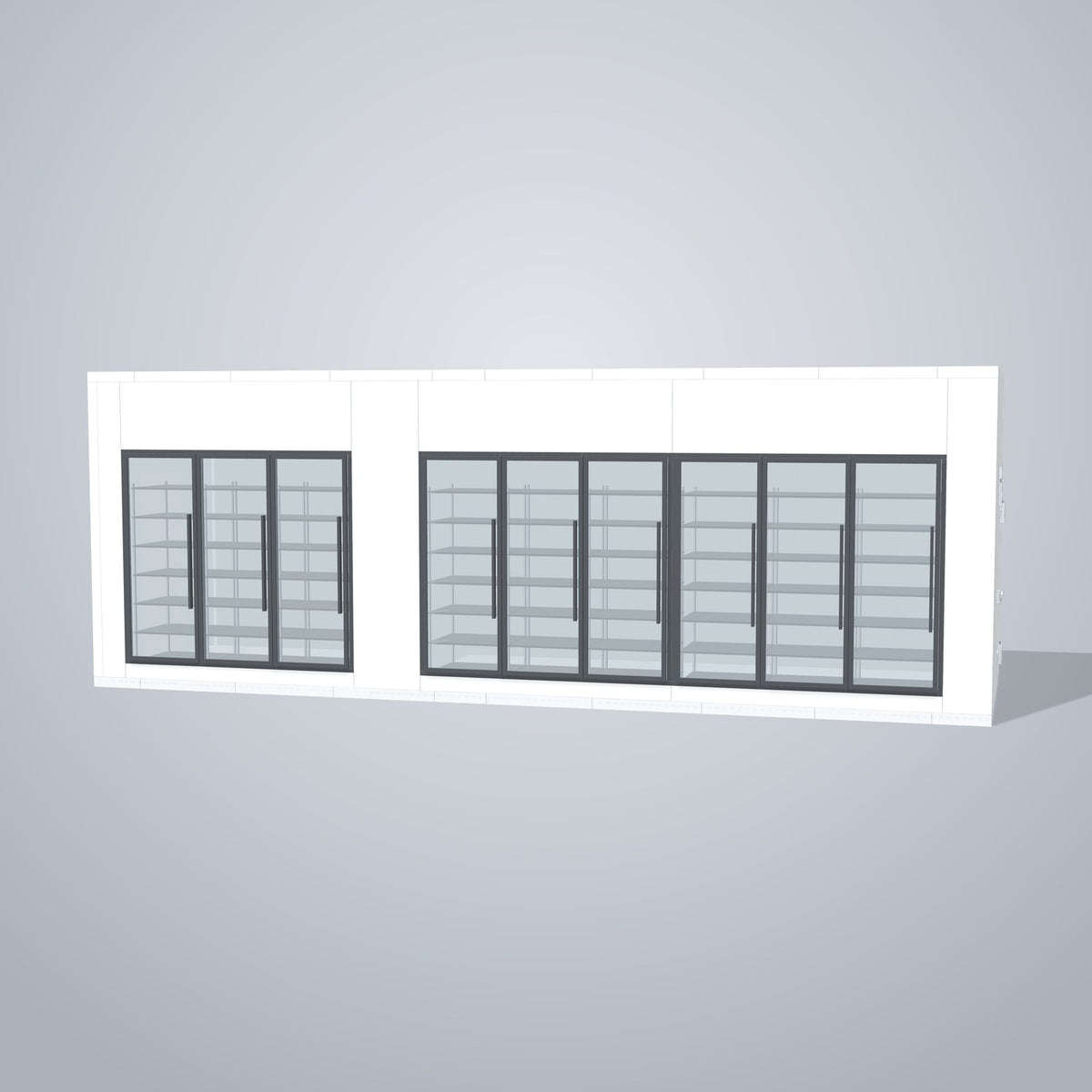 Astra HCMB8X28-10F18C-S30C6F3-RM 8' x 28' Walk-In Freezer/Cooler Combo with Floor, 3 Freezer + 6 Cooler Glass Doors, front 3D view of the glass door wall