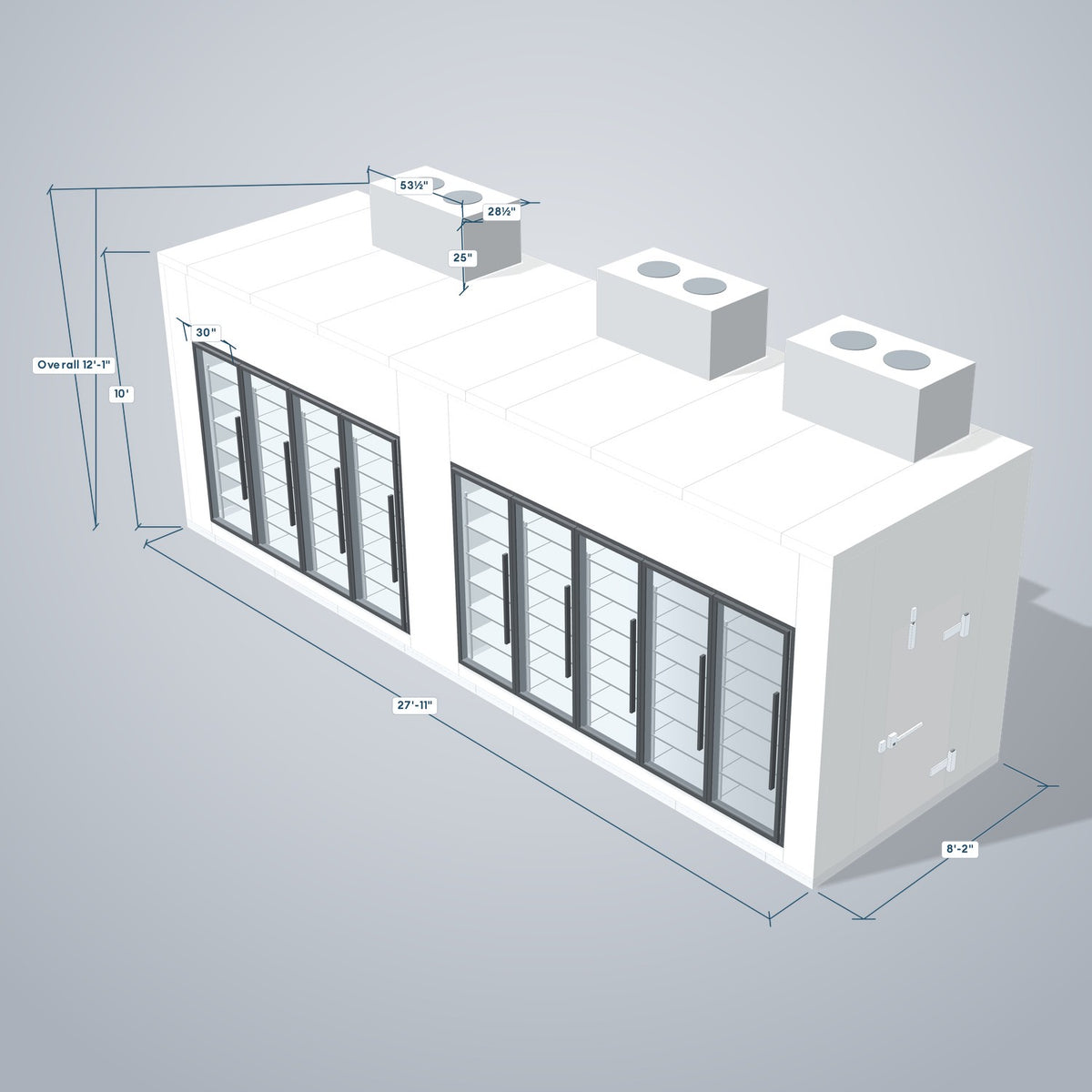 Astra HCMB8X28-13F15C-S30C5F4-TM 8' x 28' Walk-In Freezer/Cooler Combo with Floor, 4 Freezer + 5 Cooler Glass Doors, 3D view with outside dimensions