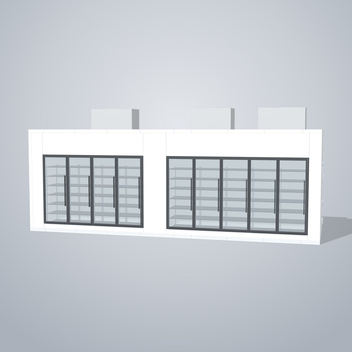 Astra HCMB8X28-13F15C-S30C5F4-TM 8' x 28' Walk-In Freezer/Cooler Combo with Floor, 4 Freezer + 5 Cooler Glass Doors, front 3D view of the glass door wall