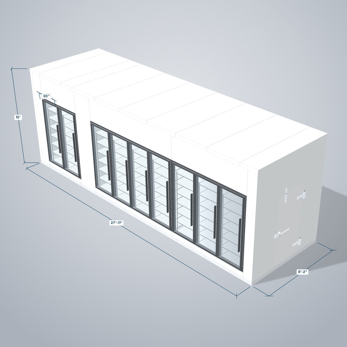 Astra HCMB8X28-8F20C-S30C7F2 8' x 28' Walk-In Freezer/Cooler Combo with Floor, 2 Freezer + 7 Cooler Glass Doors, 3D view with outside dimensions