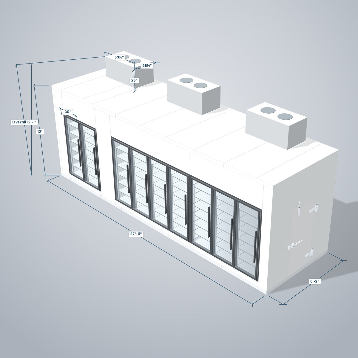 Astra HCMB8X28-8F20C-S30C7F2-TM 8' x 28' Walk-In Freezer/Cooler Combo with Floor, 2 Freezer + 7 Cooler Glass Doors, 3D view with outside dimensions