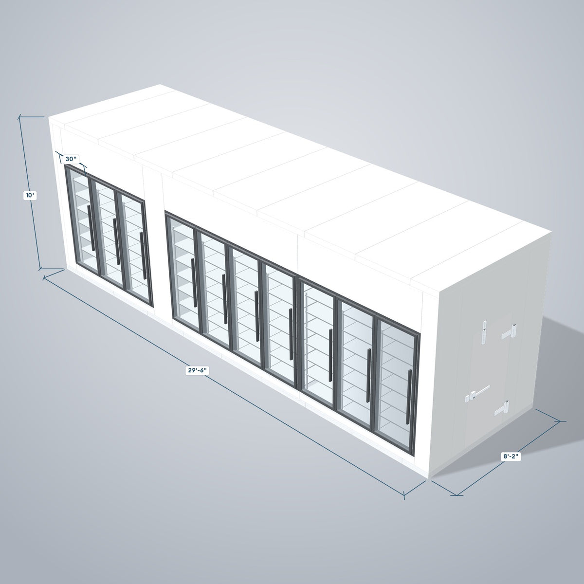 Astra HCMB8X30-10F20C-S30C7F3 8' x 30' Walk-In Freezer/Cooler Combo with Floor, 3 Freezer + 7 Cooler Glass Doors, 3D view with outside dimensions