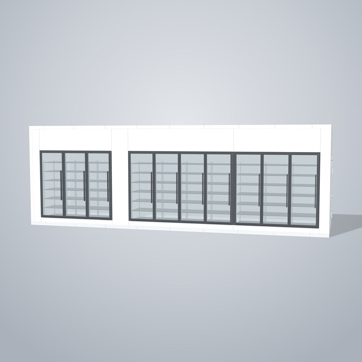 Astra HCMB8X30-10F20C-S30C7F3 8' x 30' Walk-In Freezer/Cooler Combo with Floor, 3 Freezer + 7 Cooler Glass Doors, front 3D view of the glass door wall