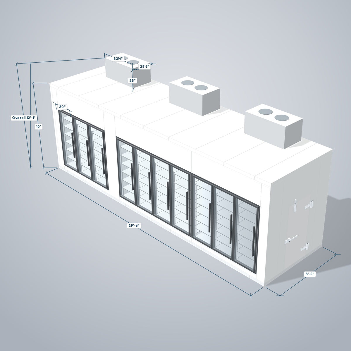 Astra HCMB8X30-10F20C-S30C7F3-TM 8' x 30' Walk-In Freezer/Cooler Combo with Floor, 3 Freezer + 7 Cooler Glass Doors, 3D view with outside dimensions