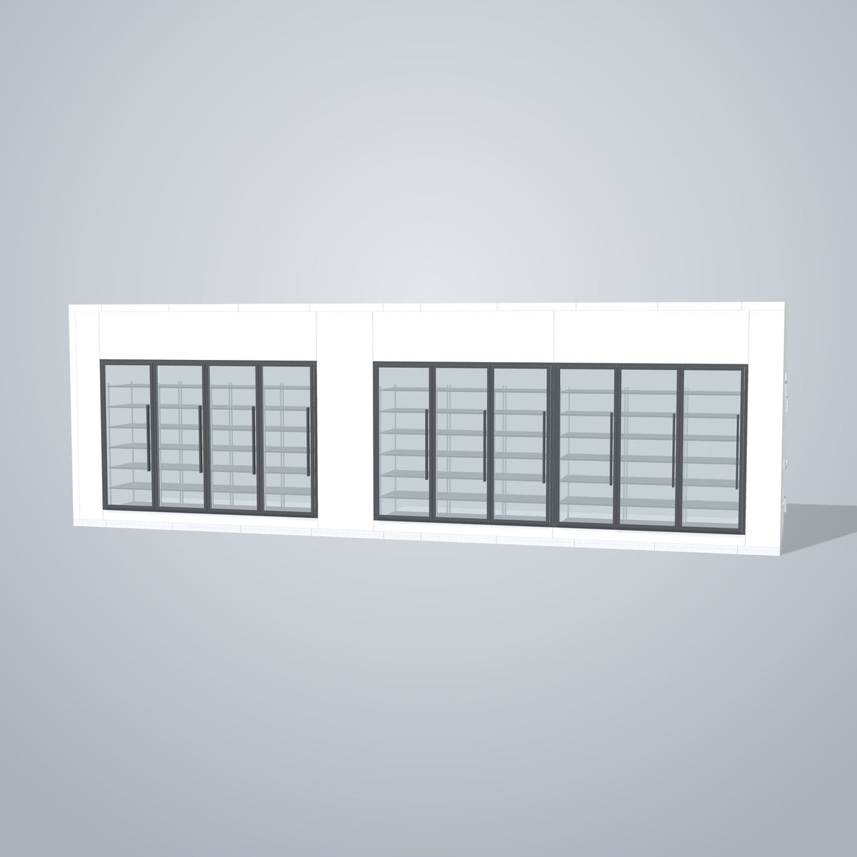 Astra HCMB8X31-13F18C-S30C6F4 8' x 31' Walk-In Freezer/Cooler Combo with Floor, 4 Freezer + 6 Cooler Glass Doors, front 3D view of the glass door wall