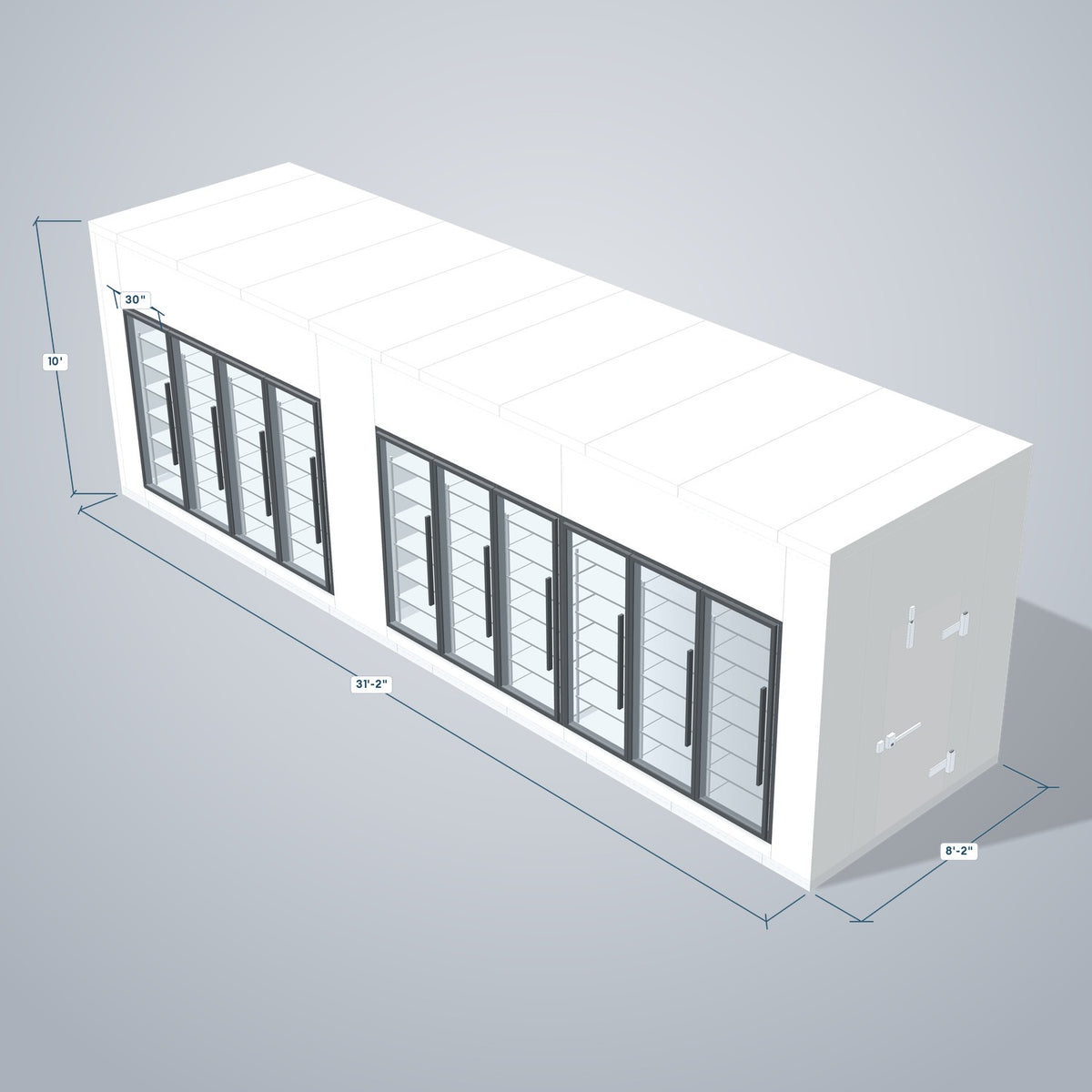 Astra HCMB8X31-13F18C-S30C6F4-RM 8' x 31' Walk-In Freezer/Cooler Combo with Floor, 4 Freezer + 6 Cooler Glass Doors, 3D view with outside dimensions