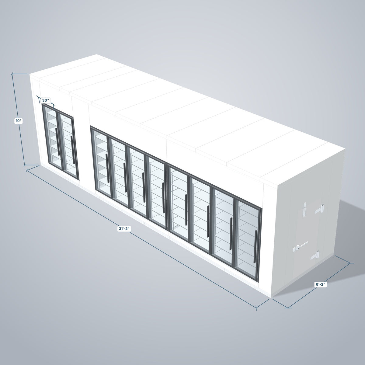 Astra HCMB8X31-8F23C-S30C8F2 8' x 31' Walk-In Freezer/Cooler Combo with Floor, 2 Freezer + 8 Cooler Glass Doors, 3D view with outside dimensions