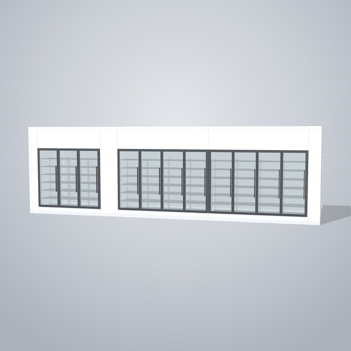 Astra HCMB8X33-10F23C-S30C8F3-RM 8' x 33' Walk-In Freezer/Cooler Combo with Floor, 3 Freezer + 8 Cooler Glass Doors, front 3D view of the glass door wall