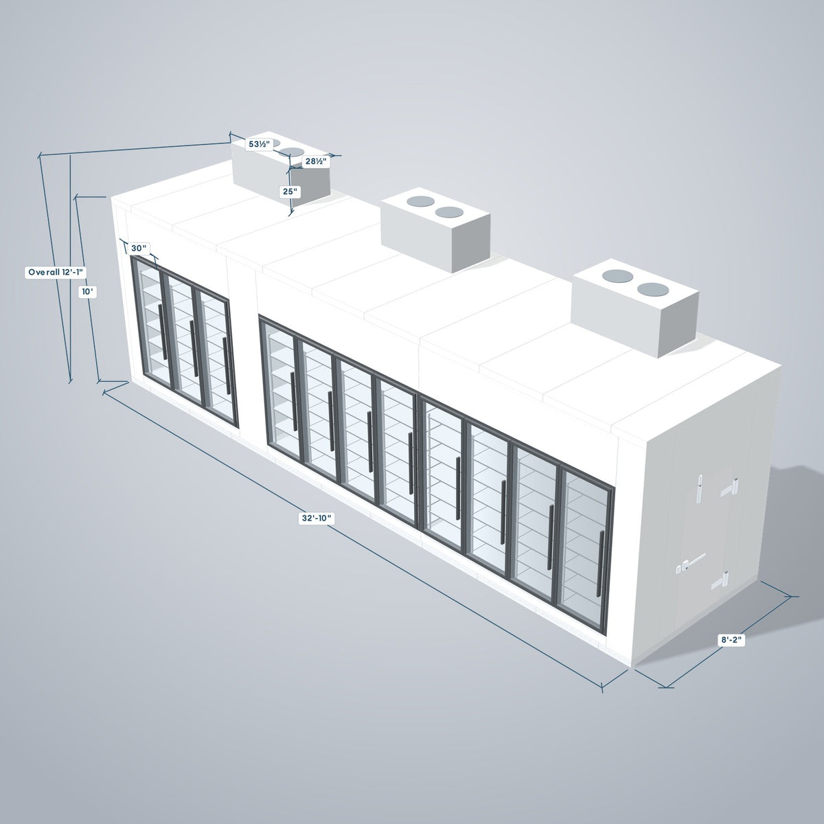 Astra HCMB8X33-10F23C-S30C8F3-TM 8' x 33' Walk-In Freezer/Cooler Combo with Floor, 3 Freezer + 8 Cooler Glass Doors, 3D view with outside dimensions