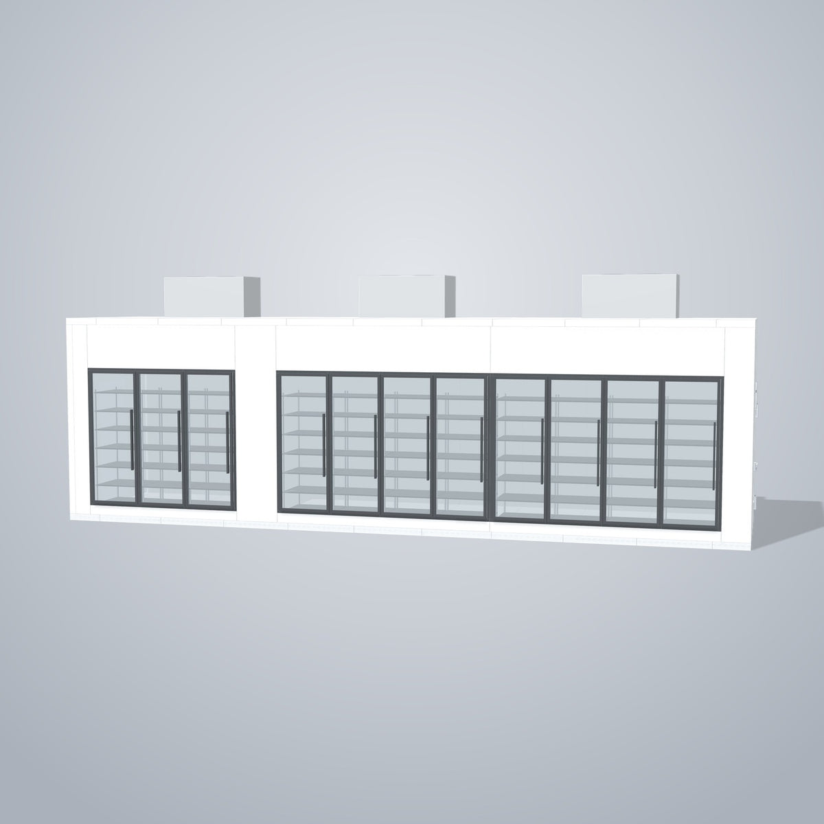 Astra HCMB8X33-10F23C-S30C8F3-TM 8' x 33' Walk-In Freezer/Cooler Combo with Floor, 3 Freezer + 8 Cooler Glass Doors, front 3D view of the glass door wall