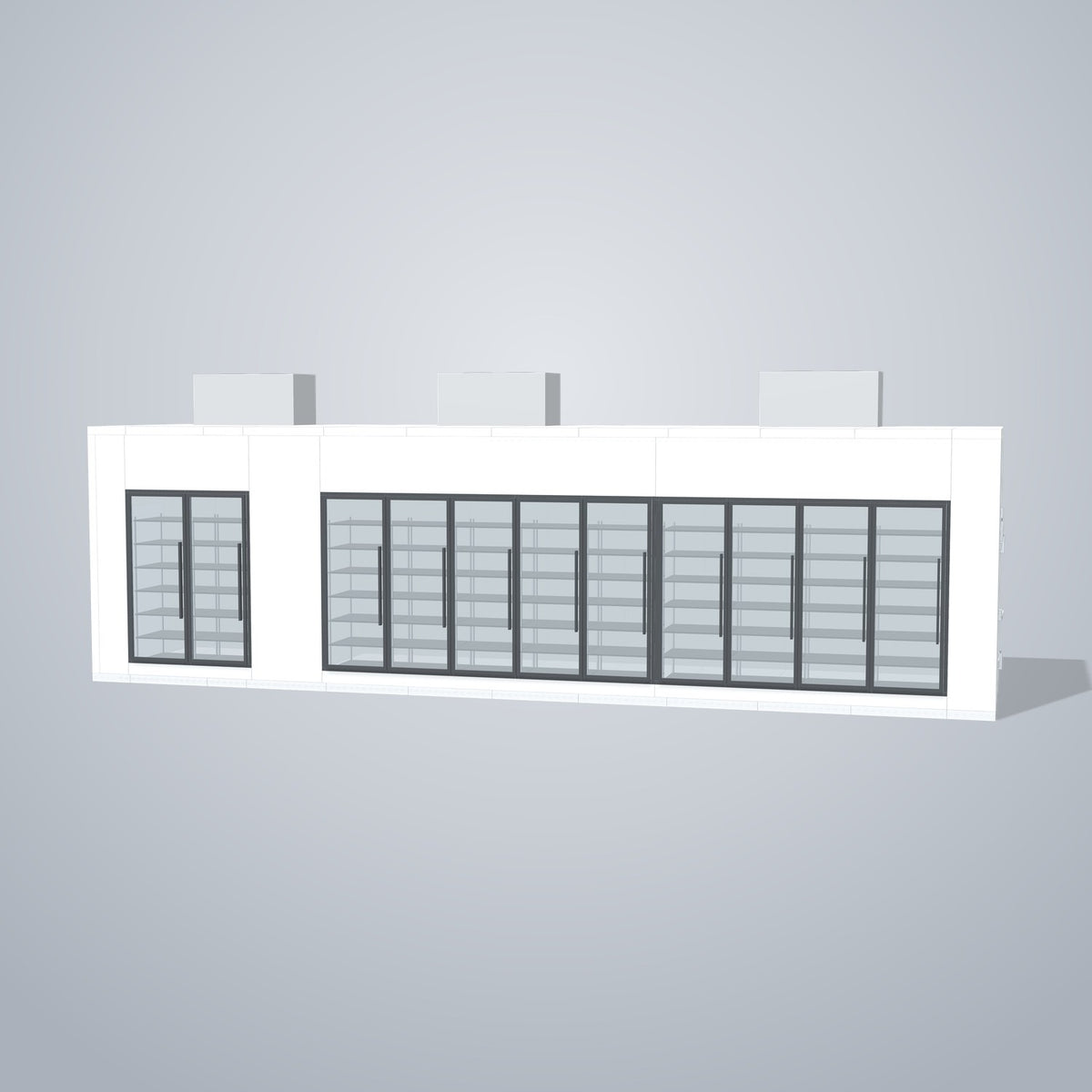 Astra HCMB8X34-8F26C-S30C9F2-TM 8' x 34' Walk-In Freezer/Cooler Combo with Floor, 2 Freezer + 9 Cooler Glass Doors, front 3D view of the glass door wall