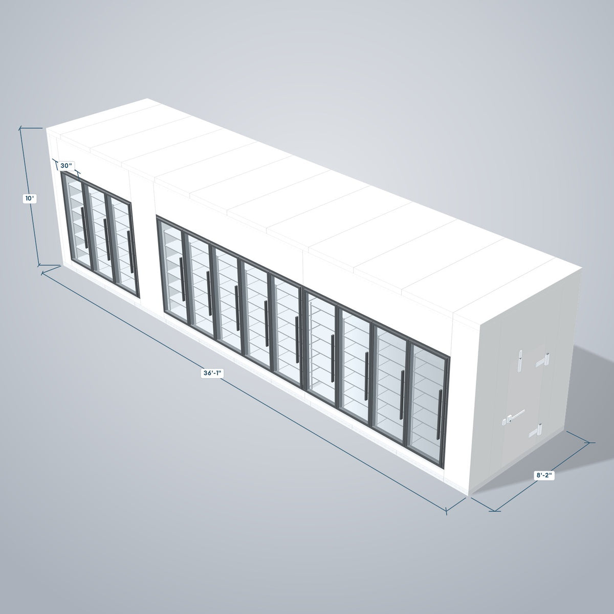 Astra HCMB8X36-10F26C-S30C9F3-RM 8' x 36' Walk-In Freezer/Cooler Combo with Floor, 3 Freezer + 9 Cooler Glass Doors, 3D view with outside dimensions