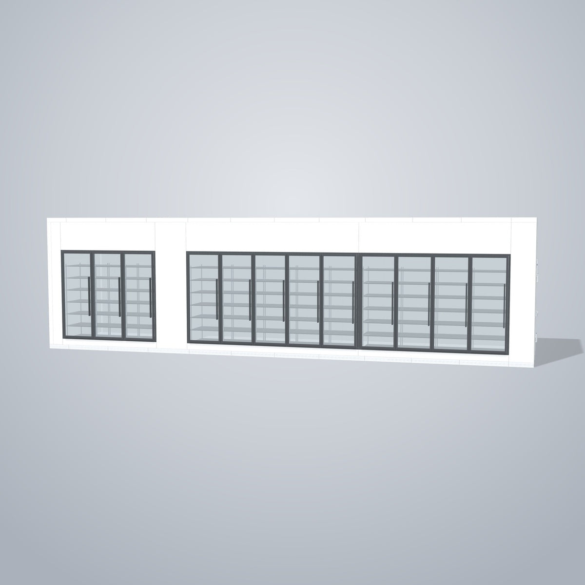 Astra HCMB8X36-10F26C-S30C9F3-RM 8' x 36' Walk-In Freezer/Cooler Combo with Floor, 3 Freezer + 9 Cooler Glass Doors, front 3D view of the glass door wall