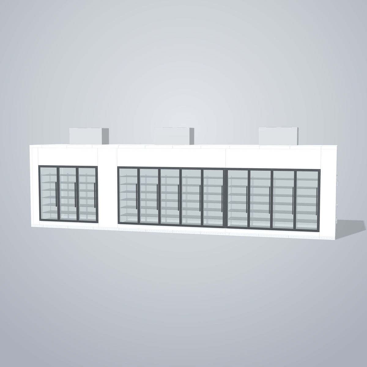 Astra HCMB8X36-10F26C-S30C9F3-TM 8' x 36' Walk-In Freezer/Cooler Combo with Floor, 3 Freezer + 9 Cooler Glass Doors, front 3D view of the glass door wall