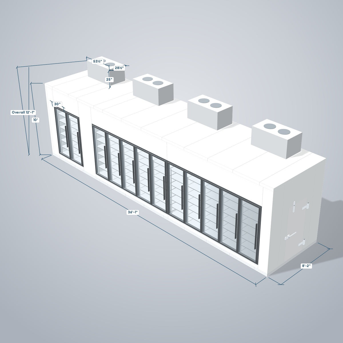 Astra HCMB8X36-8F28C-S30C10F2-TM 8' x 36' Walk-In Freezer/Cooler Combo with Floor, 2 Freezer + 10 Cooler Glass Doors, 3D view with outside dimensions