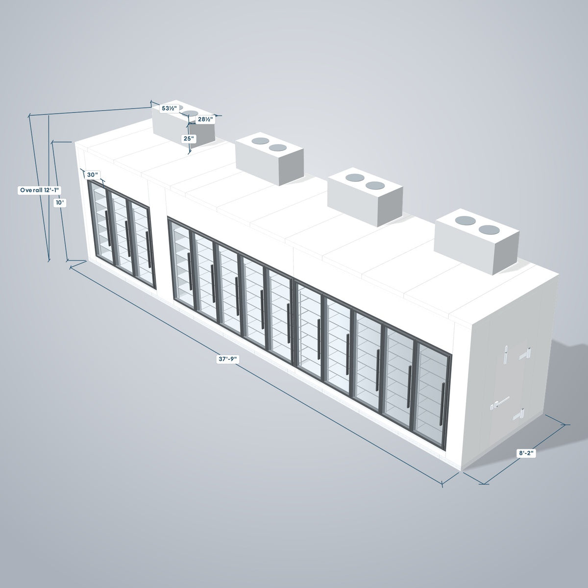 Astra HCMB8X38-10F28C-S30C10F3-TM 8' x 38' Walk-In Freezer/Cooler Combo with Floor, 3 Freezer + 10 Cooler Glass Doors, 3D view with outside dimensions