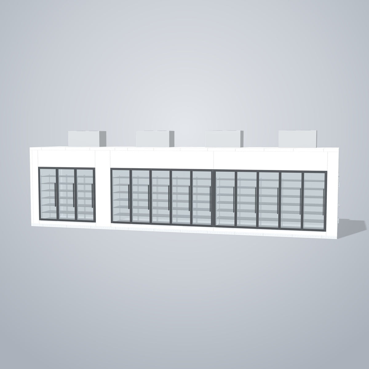 Astra HCMB8X38-10F28C-S30C10F3-TM 8' x 38' Walk-In Freezer/Cooler Combo with Floor, 3 Freezer + 10 Cooler Glass Doors, front 3D view of the glass door wall