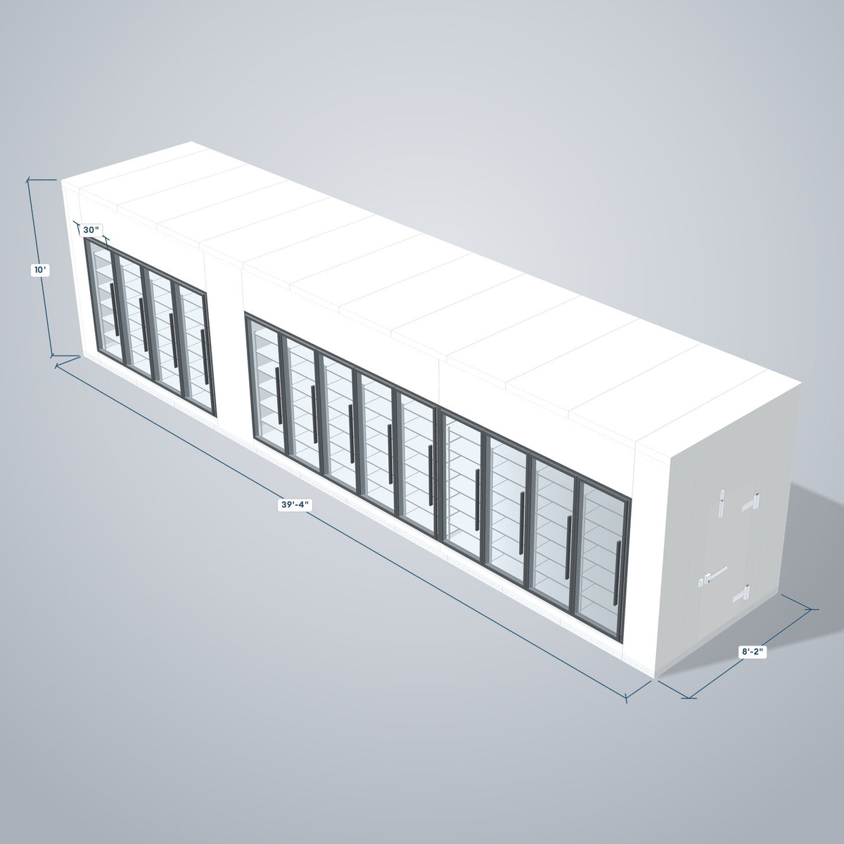 Astra HCMB8X39-13F26C-S30C9F4 8' x 39' Walk-In Freezer/Cooler Combo with Floor, 4 Freezer + 9 Cooler Glass Doors, 3D view with outside dimensions
