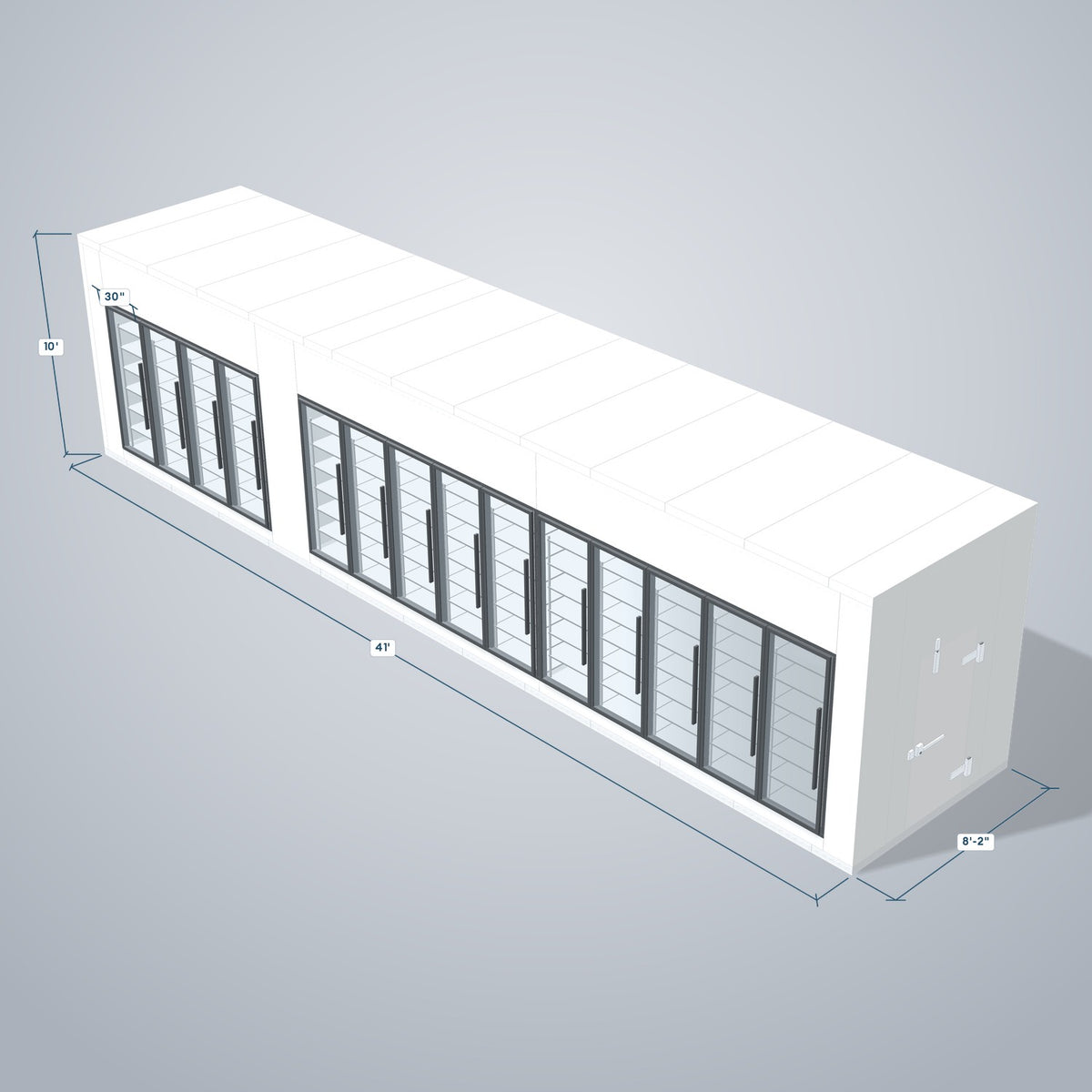 Astra HCMB8X41-13F28C-S30C10F4-RM 8' x 41' Walk-In Freezer/Cooler Combo with Floor, 4 Freezer + 10 Cooler Glass Doors, 3D view with outside dimensions