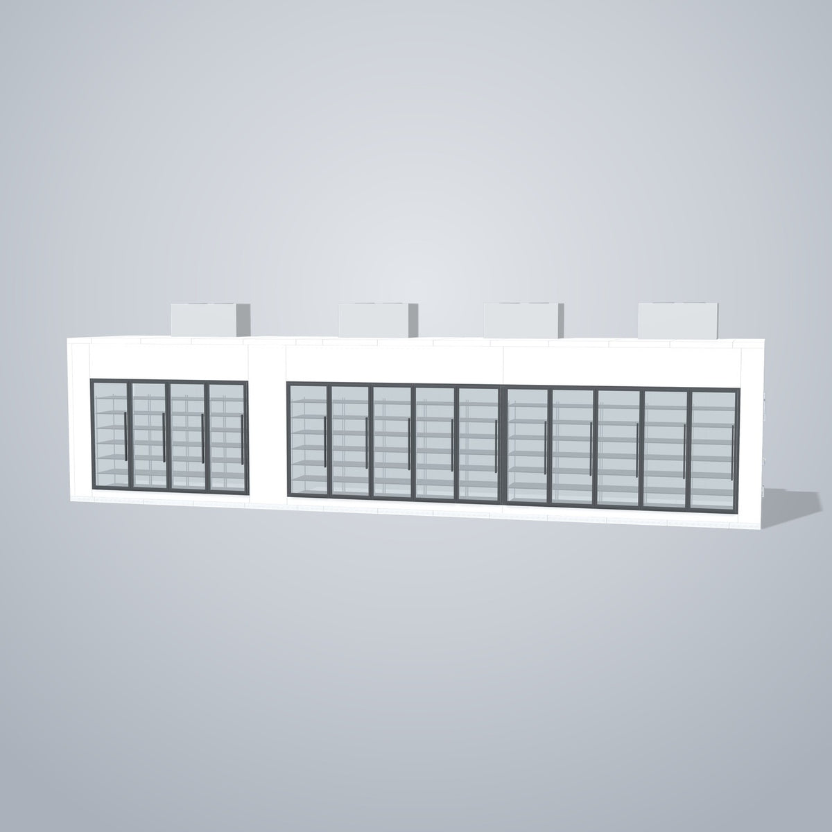 Astra HCMB8X41-13F28C-S30C10F4-TM 8' x 41' Walk-In Freezer/Cooler Combo with Floor, 4 Freezer + 10 Cooler Glass Doors, front 3D view of the glass door wall