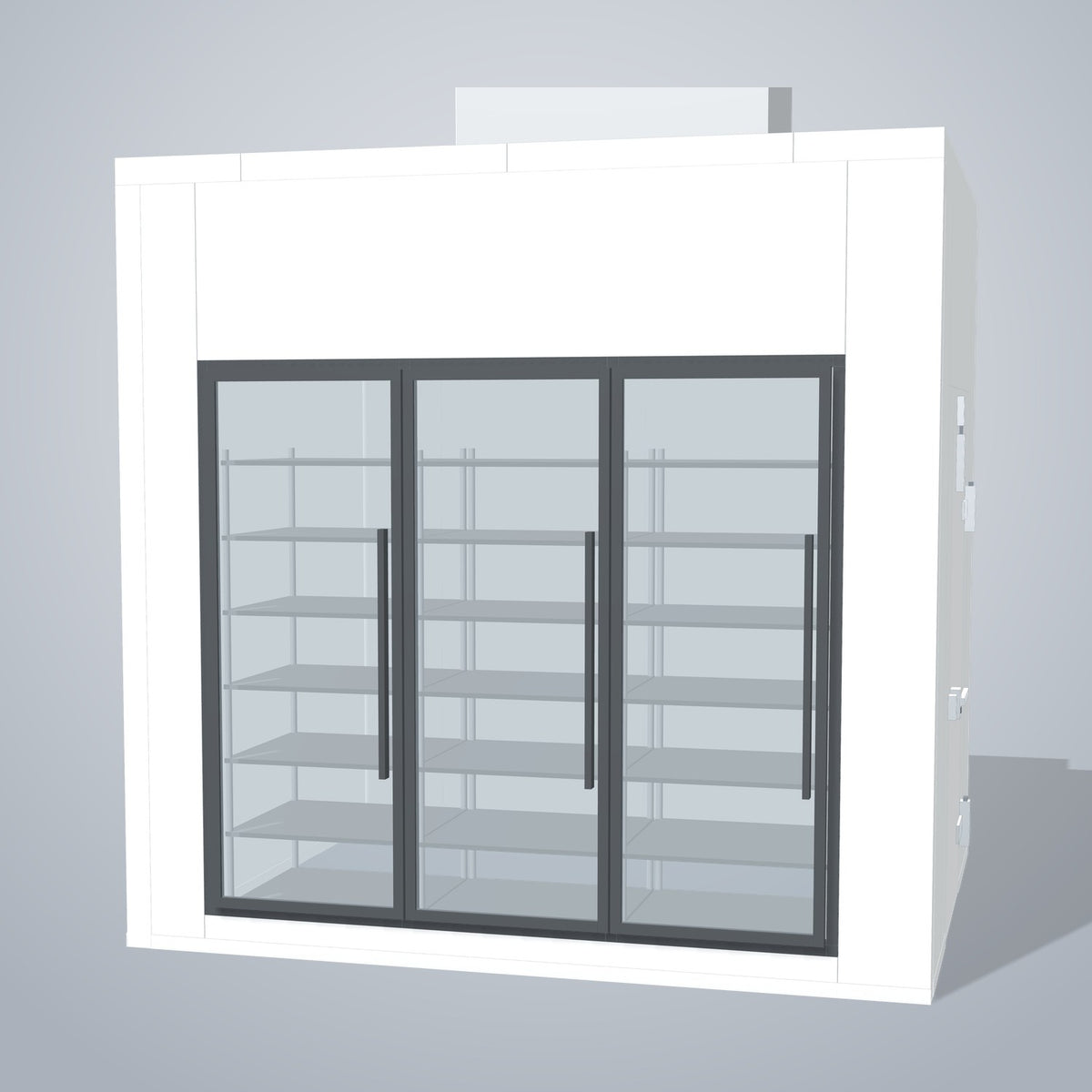Astra HCNF8X10-S30C3-TM 8' x 10' Walk-In Cooler No Floor, 3 Glass Doors, front 3D view of the glass door wall