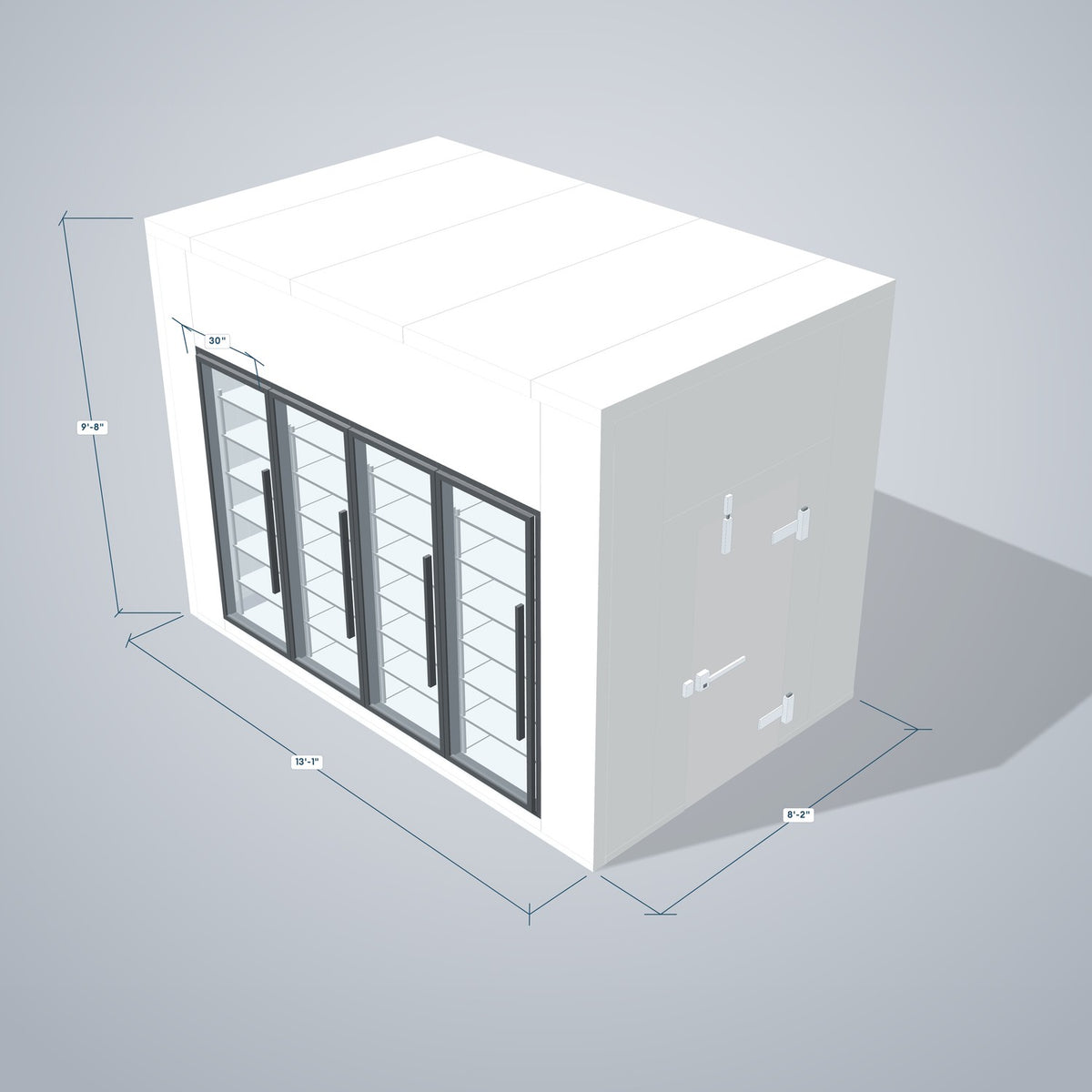 Astra HCNF8X13-S30C4 walk-in cooler no floor with 4 glass doors, 3D view with outside dimensions