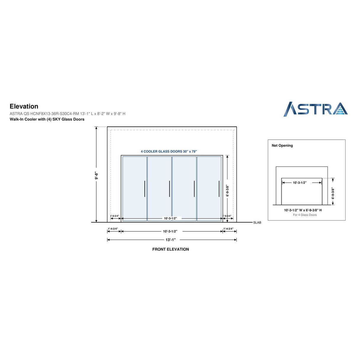 Astra HCNF8X13-S30C4-RM walk-in cooler no floor with 4 glass doors and remote refrigeration, front elevation drawing with glass door net opening