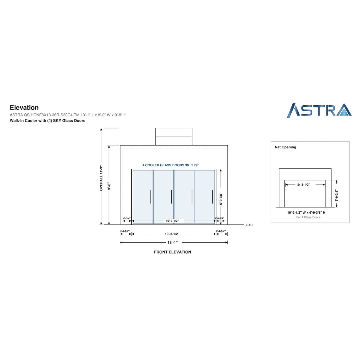 Astra HCNF8X13-S30C4-TM walk-in cooler no floor with 4 glass doors and top mount refrigeration, front elevation drawing with glass door net opening