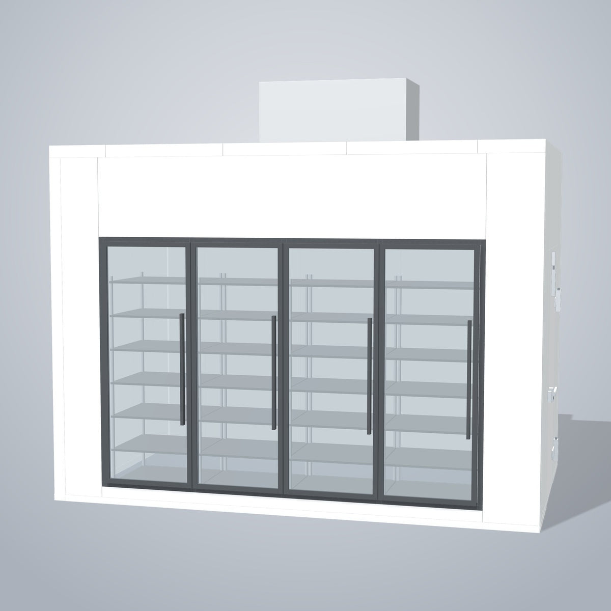 Astra HCNF8X13-S30C4-TM 8' x 13' Walk-In Cooler No Floor, 4 Glass Doors, front 3D view of the glass door wall