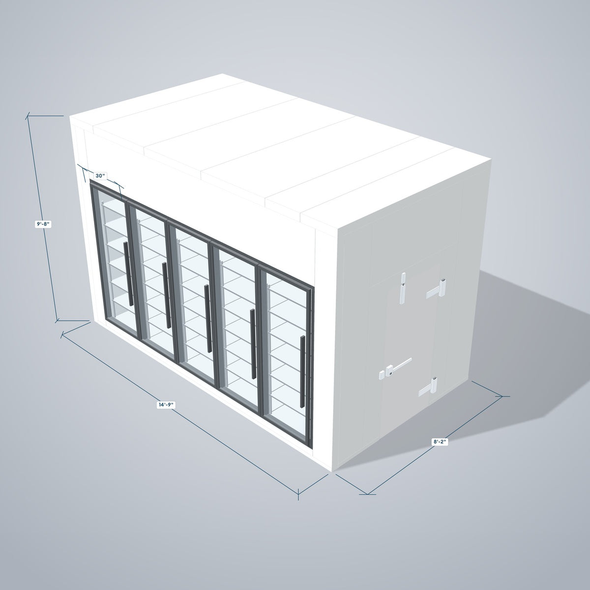 Astra HCNF8X15-S30C5-RM walk-in cooler no floor with 5 glass doors and remote refrigeration, 3D view with outside dimensions
